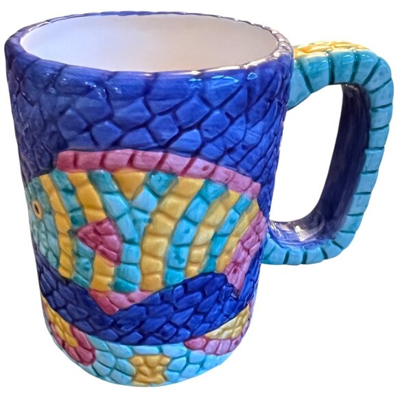 HTF Pair of Collectible Vtg 1994 CLAY ART Mosaic Fish Mugs Hand-Painted Ceramic - Picture 9 of 16